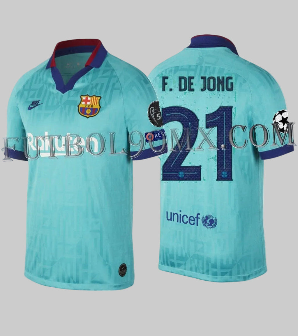 Vista frontal y posterior de la camiseta Nike Frenkie de Jong FC Barcelona Tercero UEFA Champions League 2019/20 (Ref. AT0029-310) disponible en Futbol90MX