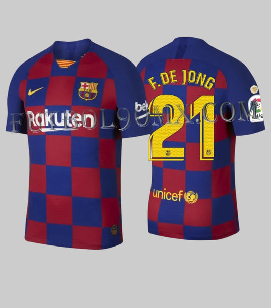 Vista frontal y posterior del jersey Nike FC Barcelona Authentic Vapor Match Local 2019/20 Frenkie de Jong #21 (Ref. AJ5257-456) disponible en la Historical Archive Boutique de Futbol90MX