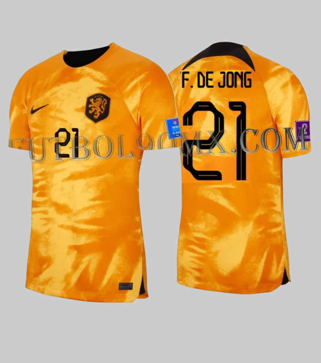 Vista dual del Jersey Frenkie de Jong Países Bajos 2022, edición oficial Copa Mundial FIFA con parches originales y dorsal #21, codigo Nike DN0694-845 en Futbol90MX