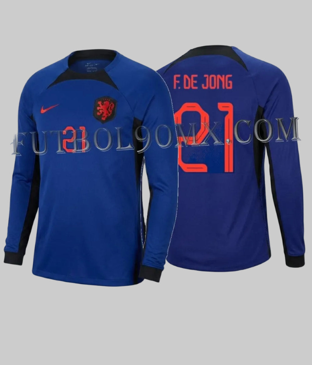 Vista dual del Jersey oficial Nike Países Bajos 2022, edición manga larga visitante personalizada con Frenkie de Jong 21, vista frontal de archivo, codigo DN0668-455 disponible en Futbol90MX