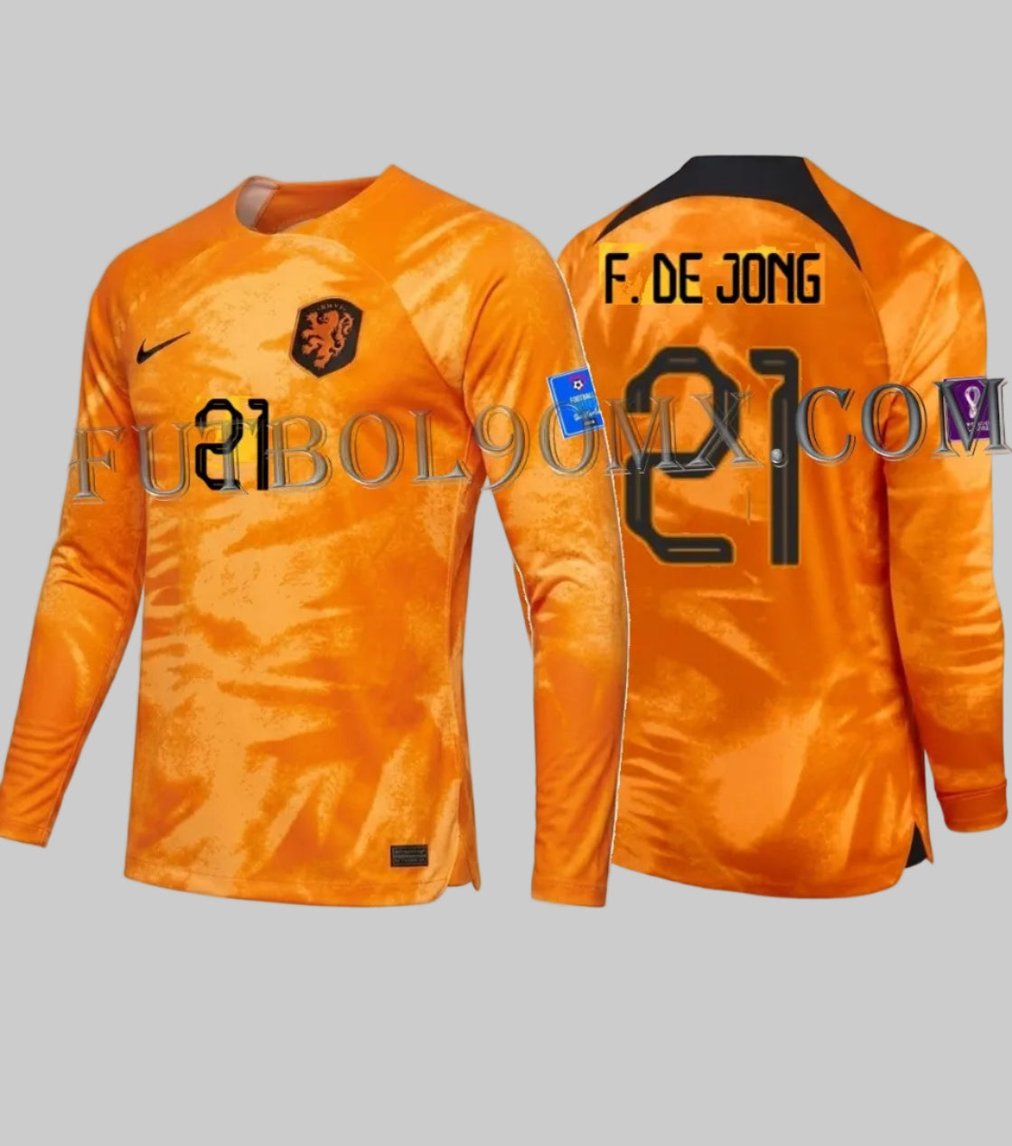 Jersey oficial Nike de local de los Países Bajos manga larga, edición Copa Mundial 2022, con personalización oficial "F. DE JONG 21" y parches de torneo, presentado sobre fondo neutro, codigo DN0669-845, disponible en Futbol90MX