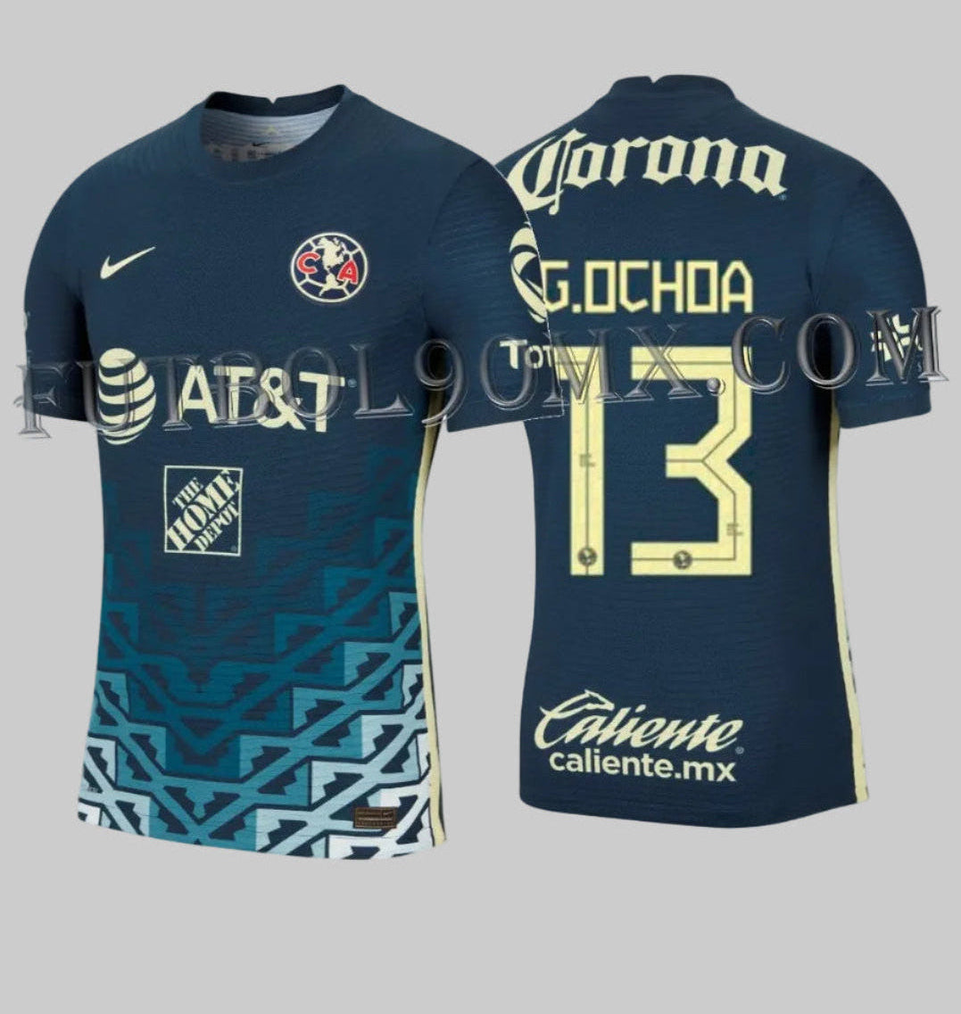 Authentic Match Jersey con dorsal oficial de Guillermo Ochoa G. OCHOA #13 de visita Club América 2021/22 DA9091-455, tipografía oficial de la Liga MX sobre tejido microperforado