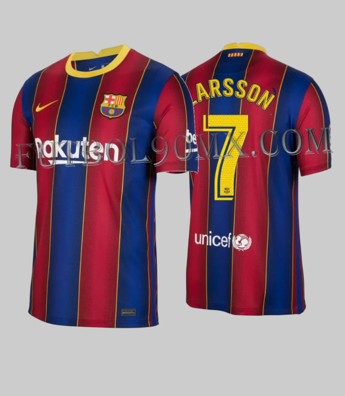 Vista frontal y posterior del jersey Nike Henrik Larsson FC Barcelona de casa 2020/21 (Ref. CD4232-456) con franjas blaugranas y el dorsal #7, disponible en la Historical Archive Boutique de Futbol90MX