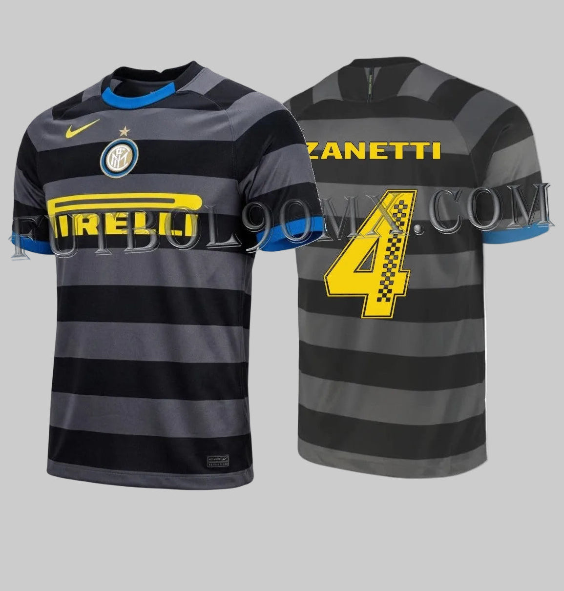 Dorsal oficial Javier Zanetti 4 con tipografía exclusiva Racing y patrón de bandera a cuadros en el número sobre jersey 2020-21
