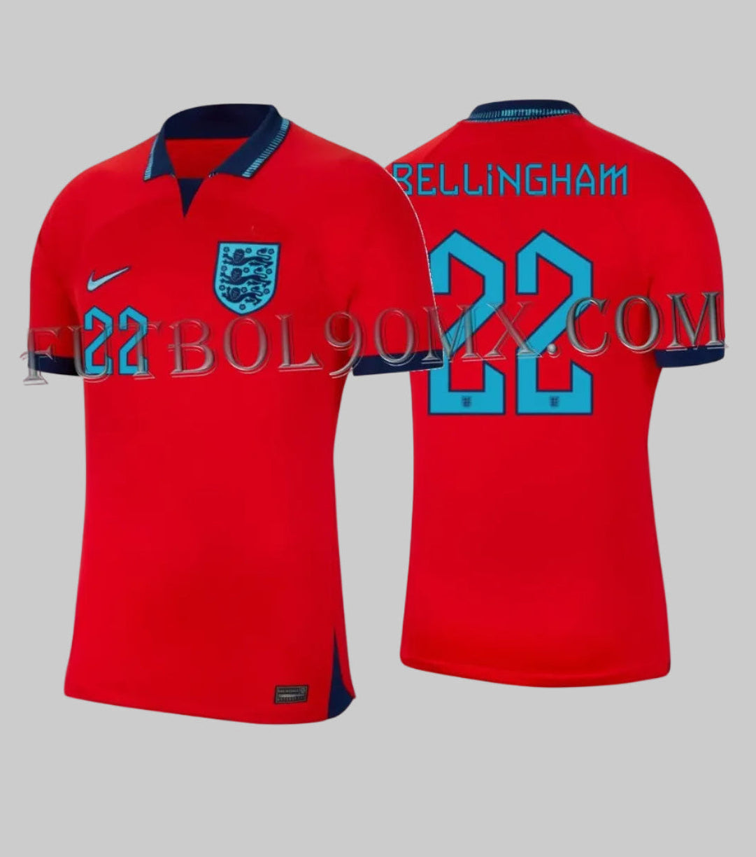 Vista dual del Jersey Nike de Visita con nombre y número oficial de Jude Bellingham #22 de Inglaterra Copa Mundial 2022. Aplicación técnica validada, codigo DN0685-600, disponible en Futbol90MX