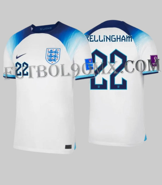 Jersey de local de la Selección de Inglaterra, Copa Mundial FIFA 2022, edición oficial Jude Bellingham #22. Diseño Nike con gradiente azul sobre base blanca. Producto Deadstock en Futbol90MX