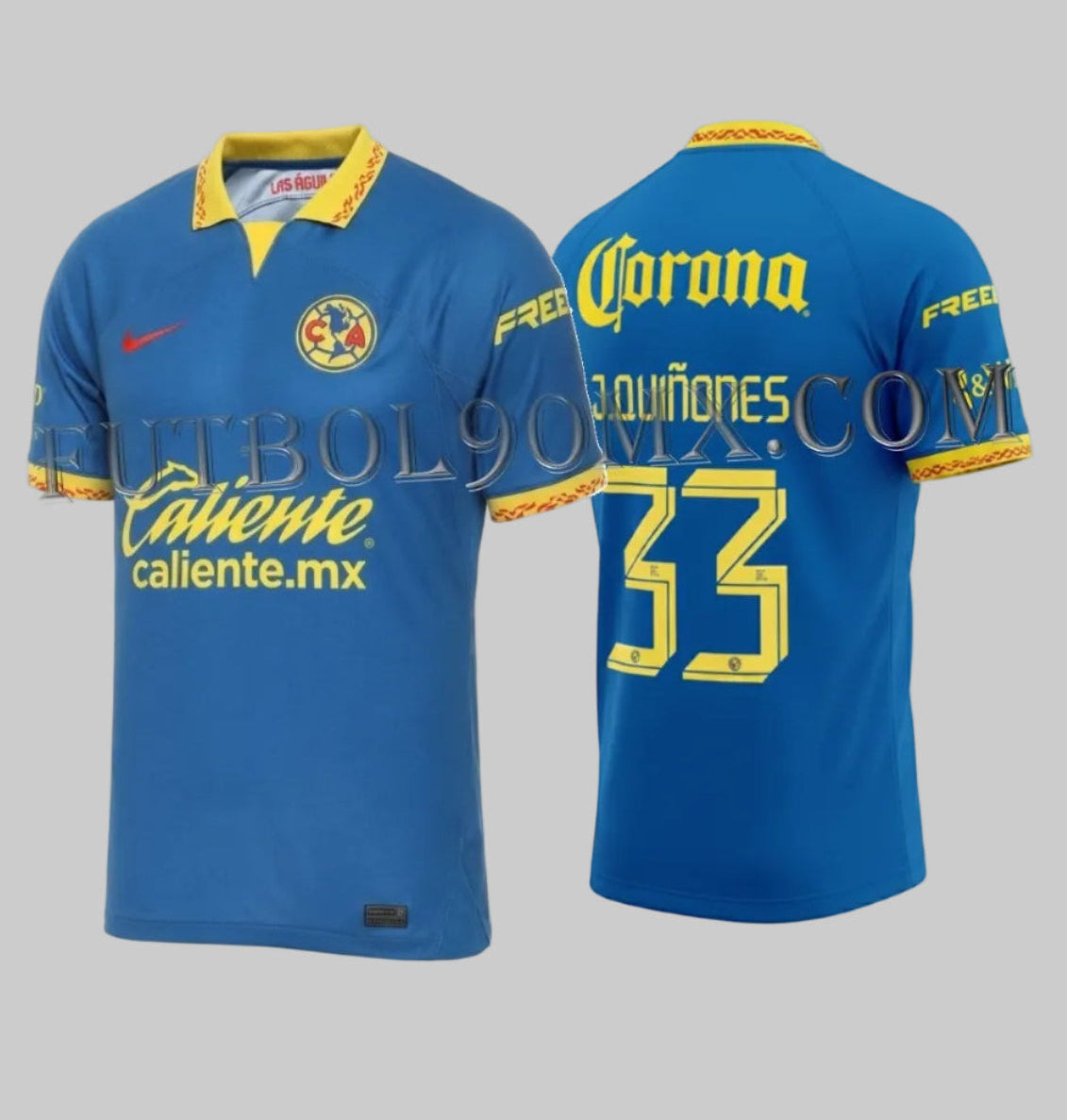 Dorsal oficial de Julián Quiñones número 33 en tipografía amarilla de la Liga MX sobre el jersey de visitante del Club América 2023-24