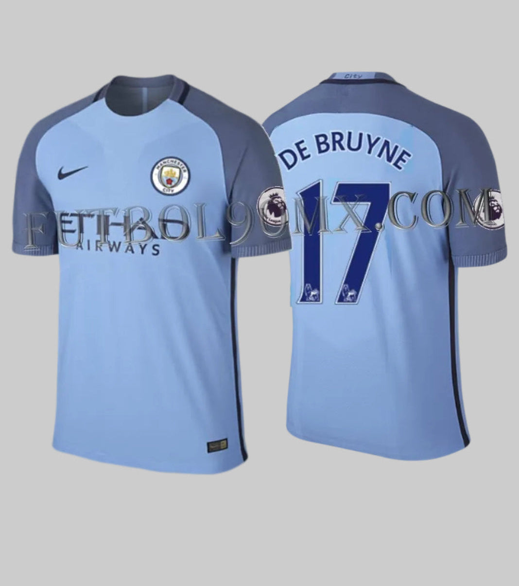 Vista frontal y posterior del jersey Nike Kevin De Bruyne Manchester City Authentic Vapor Match de casa 2016/17 (Ref. 776905-489) con tipografía oficial #17 y parches de Premier League en la Historical Archive Boutique de Futbol90MX