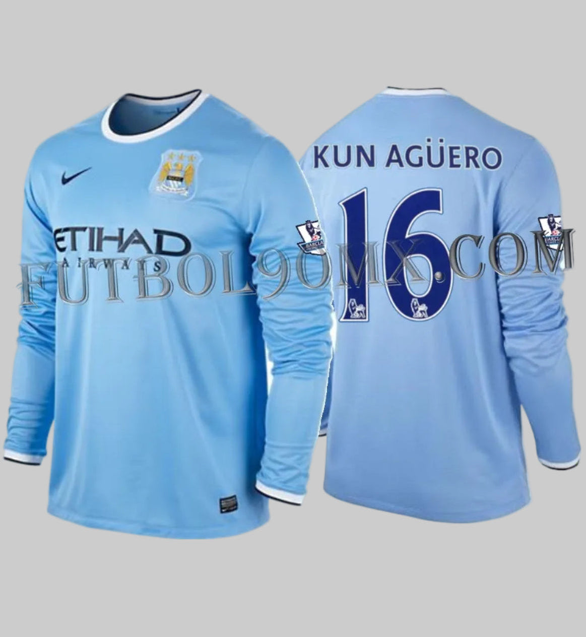 Jersey con personalización oficial Premier League Kun Agüero 16 y parches en versión manga larga del jersey Manchester City 13/14.