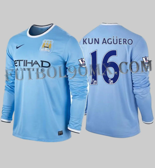 Jersey con personalización oficial Premier League Kun Agüero 16 y parches en versión manga larga del jersey Manchester City 13/14.