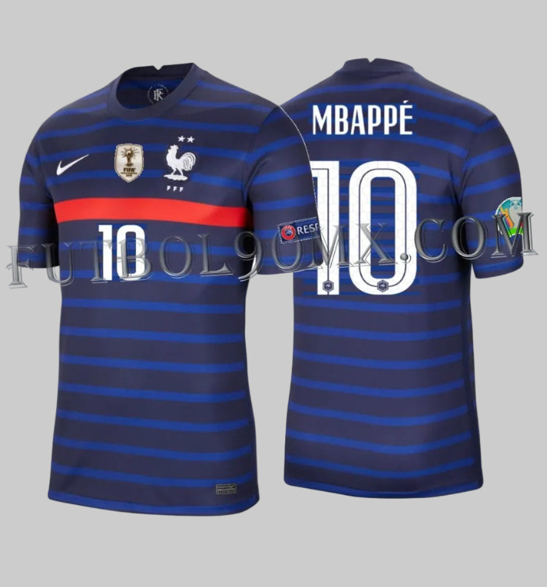 Jersey Nike CD0700-498 Francia 2020 Home Stadium Kylian Mbappé 10 con parche de Campeón del Mundo y set oficial EURO.