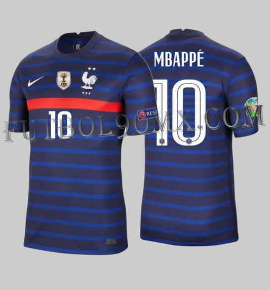 Jersey Nike CD0700-498 Francia 2020 Home Stadium Kylian Mbappé 10 con parche de Campeón del Mundo y set oficial EURO.