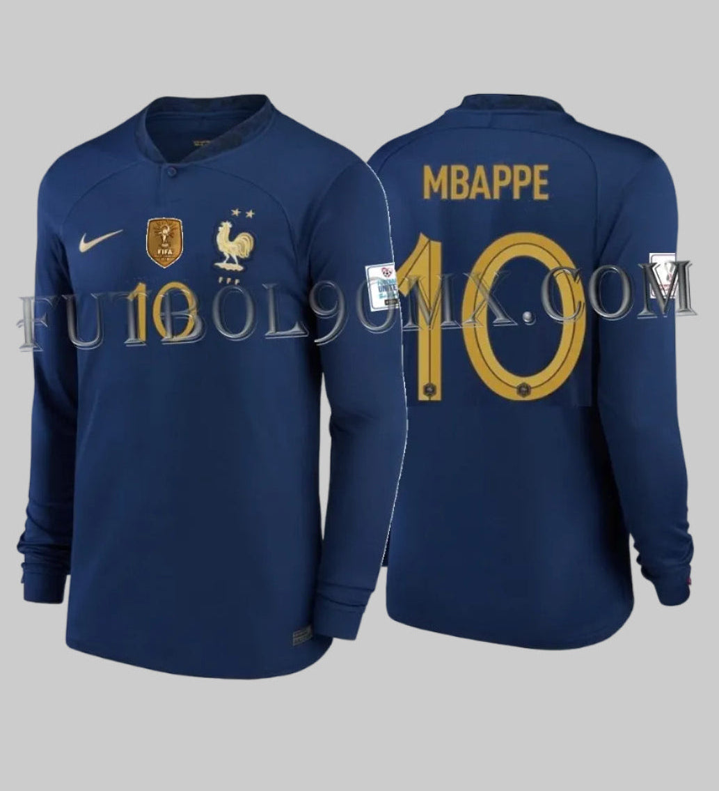 Jersey Nike Stadium de Francia, edición de local manga larga Copa Mundial Qatar 2022, personalizado con el nombre y dorsal #10 de Kylian Mbappé, codigo DN0665-410, en Futbol90MX
