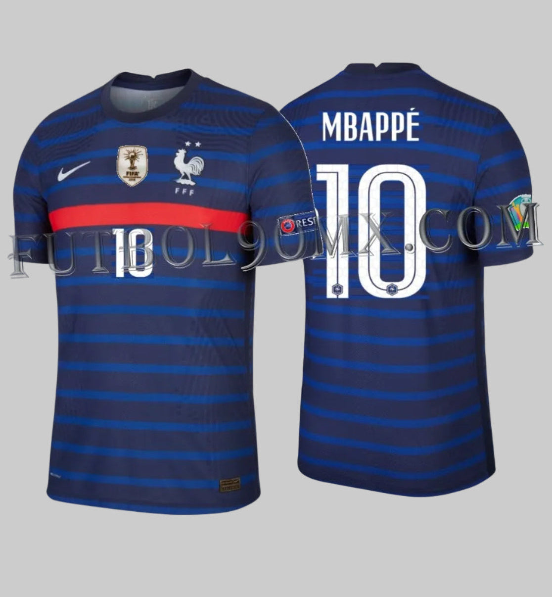 Jersey auténtico Nike CD0586-498 Francia Home Euro 2020 2021 Kylian Mbappé 10 versión Vapor Match Player Issue con parche Campeón del Mundo FIFA Futbol90MX