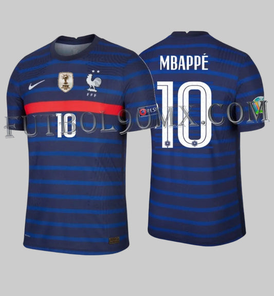 Jersey auténtico Nike CD0586-498 Francia Home Euro 2020 2021 Kylian Mbappé 10 versión Vapor Match Player Issue con parche Campeón del Mundo FIFA Futbol90MX