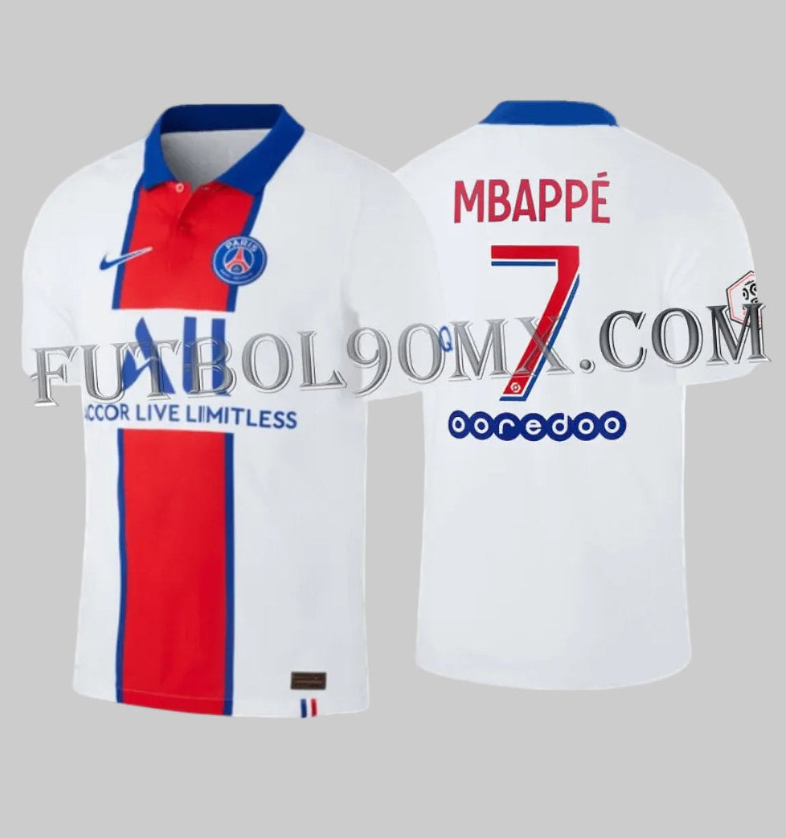 Jersey Nike PSG Away 2020-21 Kylian Mbappé #7 versión Vapor Match auténtica con tecnología VaporKnit código CD4188-101 Futbol90MX
