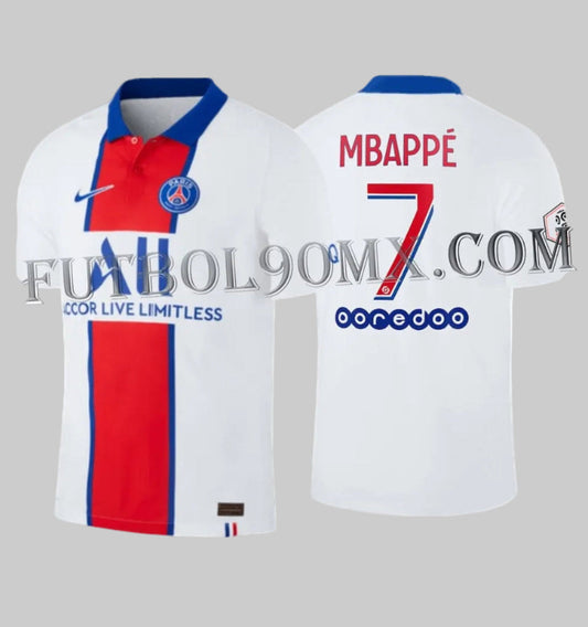 Jersey Nike PSG Away 2020-21 Kylian Mbappé #7 versión Vapor Match auténtica con tecnología VaporKnit código CD4188-101 Futbol90MX