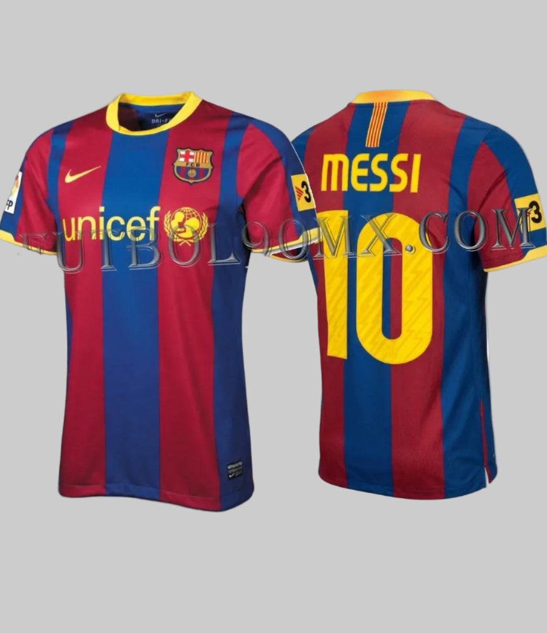 Vista dual frontal y posterior del jersey Nike Lionel Messi FC Barcelona Authentic Match de casa 2010/11 (Ref. 406809-486) con el dorsal #10 y nombre, disponible en Futbol90MX