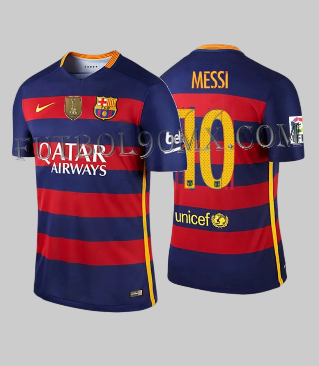 Vista frontal y posterior del jersey Nike Lionel Messi FC Barcelona Authentic Match de casa 2015/16 (Ref. 658790-422) con franjas horizontales, dorsal #10 y parche de Campeón del Mundo, disponible en la Historical Archive Boutique de Futbol90MX.