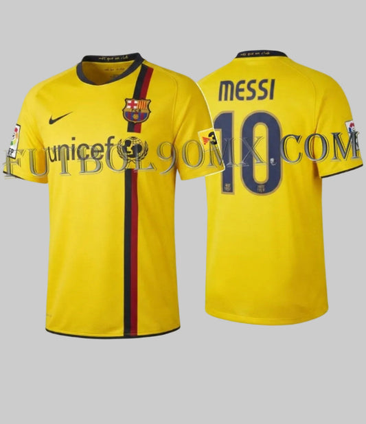 Vista dual frontal y posterior del jersey Nike Lionel Messi FC Barcelona de visita 2008/09 (Ref. 286787-760) con el dorsal #10 y nombre, disponible en Futbol90MX