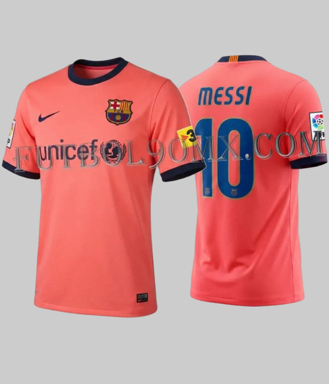 Vista dual frontal y posterior del jersey Nike Lionel Messi FC Barcelona de visita 2009/10 (Ref. 355020-870) en color Bright Mango con el dorsal #10, disponible en la Historical Archive Boutique de Futbol90MX.