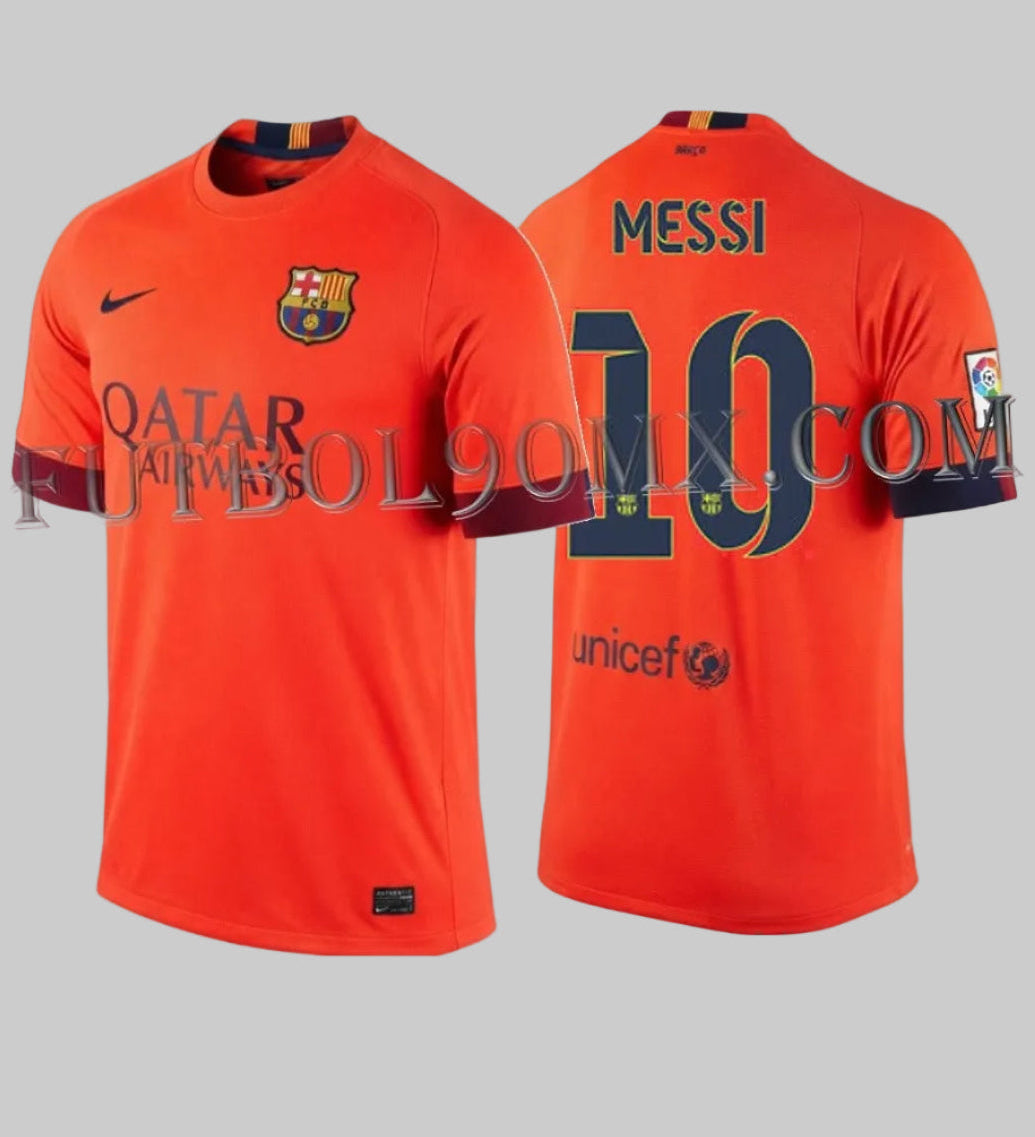 Vista combinada en formato de archivo que muestra simultáneamente el frente y el reverso del jersey Nike FC Barcelona Away 2014/15 con la personalización oficial de Lionel Messi #10, codigo 610595-672, disponible en Futbol90MX
