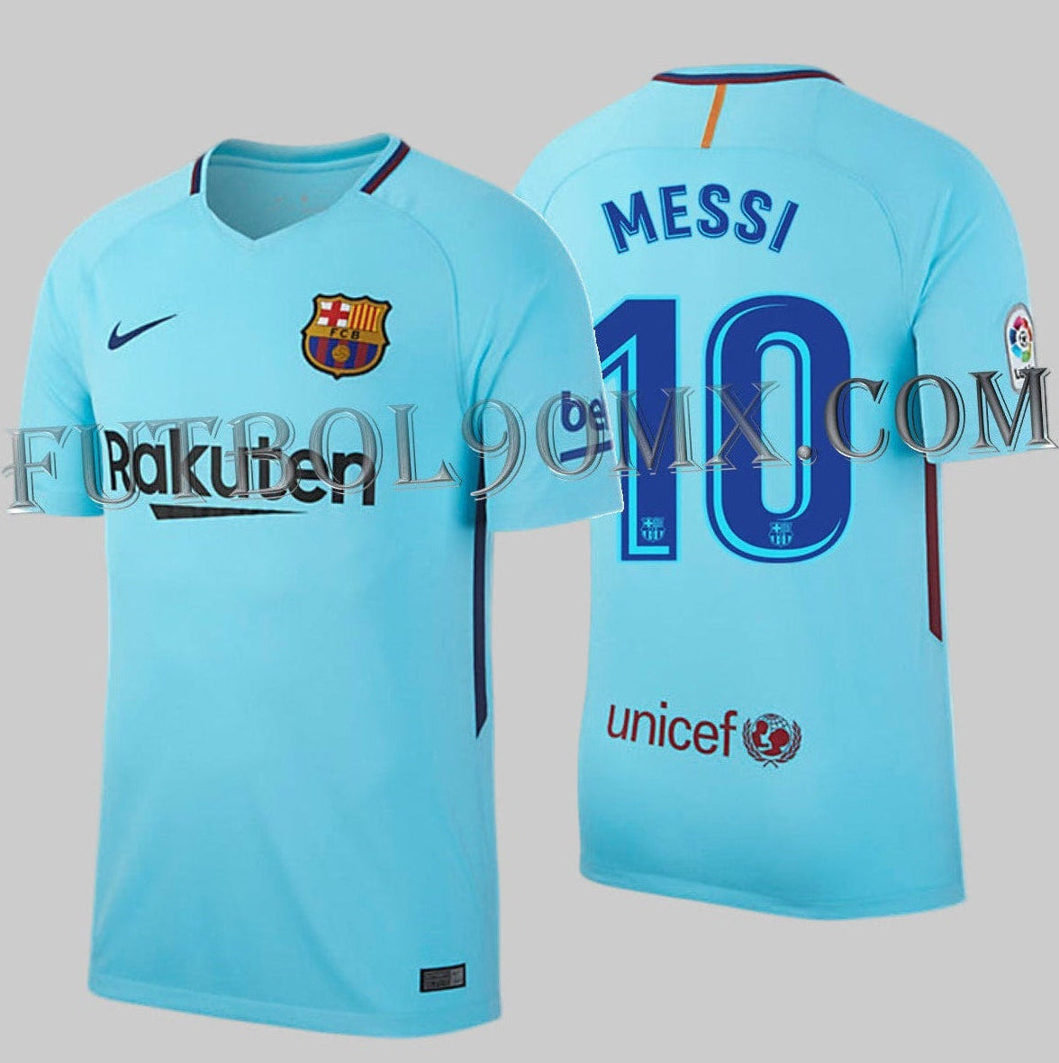 Jersey visita con Estampado oficial Messi 10 Barcelona temporada 2017-18 tipografía original.