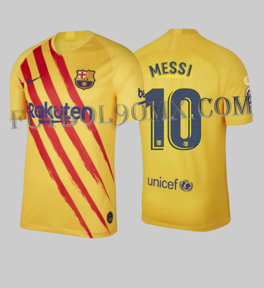 Vista frontal y posterior de dorsal oficial Messi #10 en jersey de colección FC Barcelona 19/20. Tipografía oficial de La Liga con micro-escudo del club y parches oficiales de patrocinadores Unicef y Beko Nike CT2527-727 en Futbol90MX