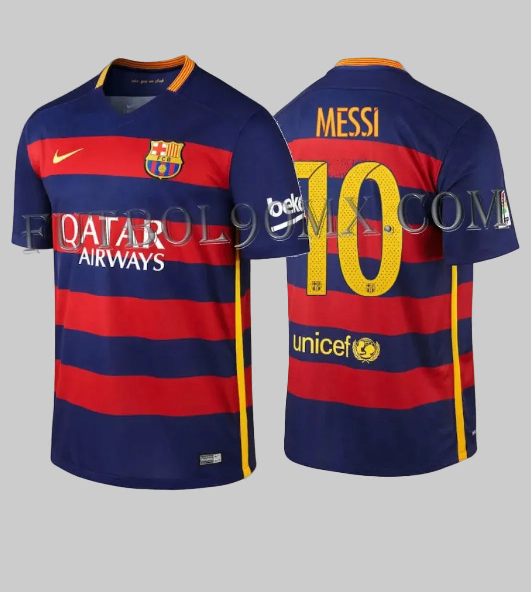 Vista frontal y posterior del jersey Nike Lionel Messi FC Barcelona de casa 2015/16 (Ref. 658794-422) disponible en Futbol90MX, mostrando el diseño con franjas horizontales y el dorsal 10 de Messi