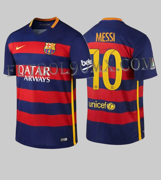 Vista frontal y posterior del jersey Nike Lionel Messi FC Barcelona de casa 2015/16 (Ref. 658794-422) disponible en Futbol90MX, mostrando el diseño con franjas horizontales y el dorsal 10 de Messi
