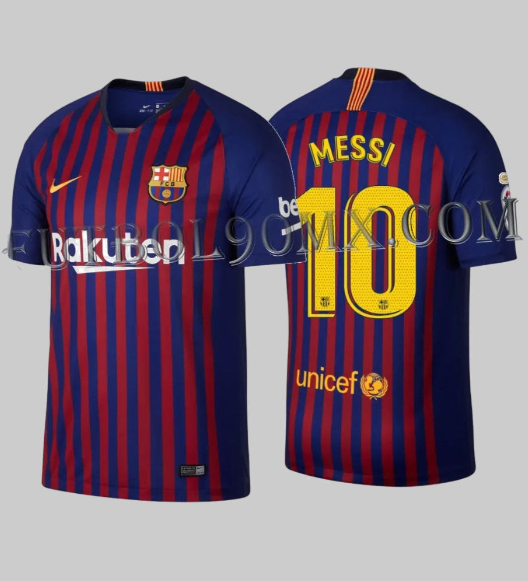 Vista dual del jersey Nike FC Barcelona Home 2018/19 de Lionel Messi; frente con patrocinador Rakuten y dorso con el dorsal oficial MESSI #10, pieza de Historical Archive Boutique Futbol90MX verificada con el código 894430-456.
