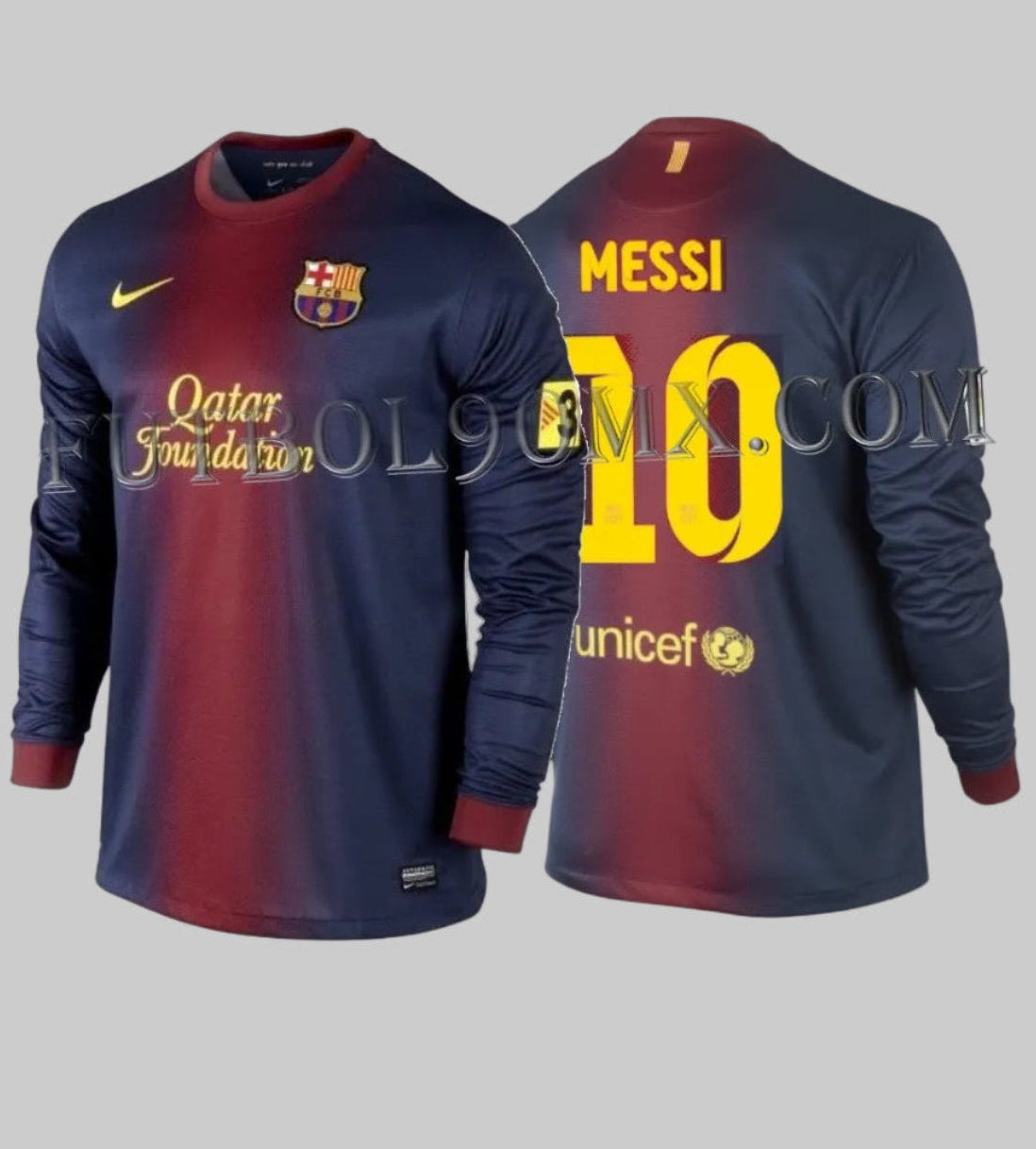 Vista completa delantera y trasera del jersey local de manga larga Nike FC Barcelona 2012/13 (Ref. 478324-410) de Lionel Messi con diseño de franja central degradada, disponible en Futbol90MX.