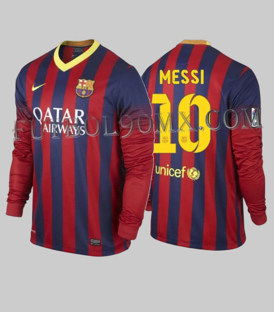 Vista frontal y posterior del jersey Nike FC Barcelona Local Manga Larga 2013/14 Lionel Messi #10 (Ref. 547926-413) disponible en la Historical Archive Boutique de Futbol90MX