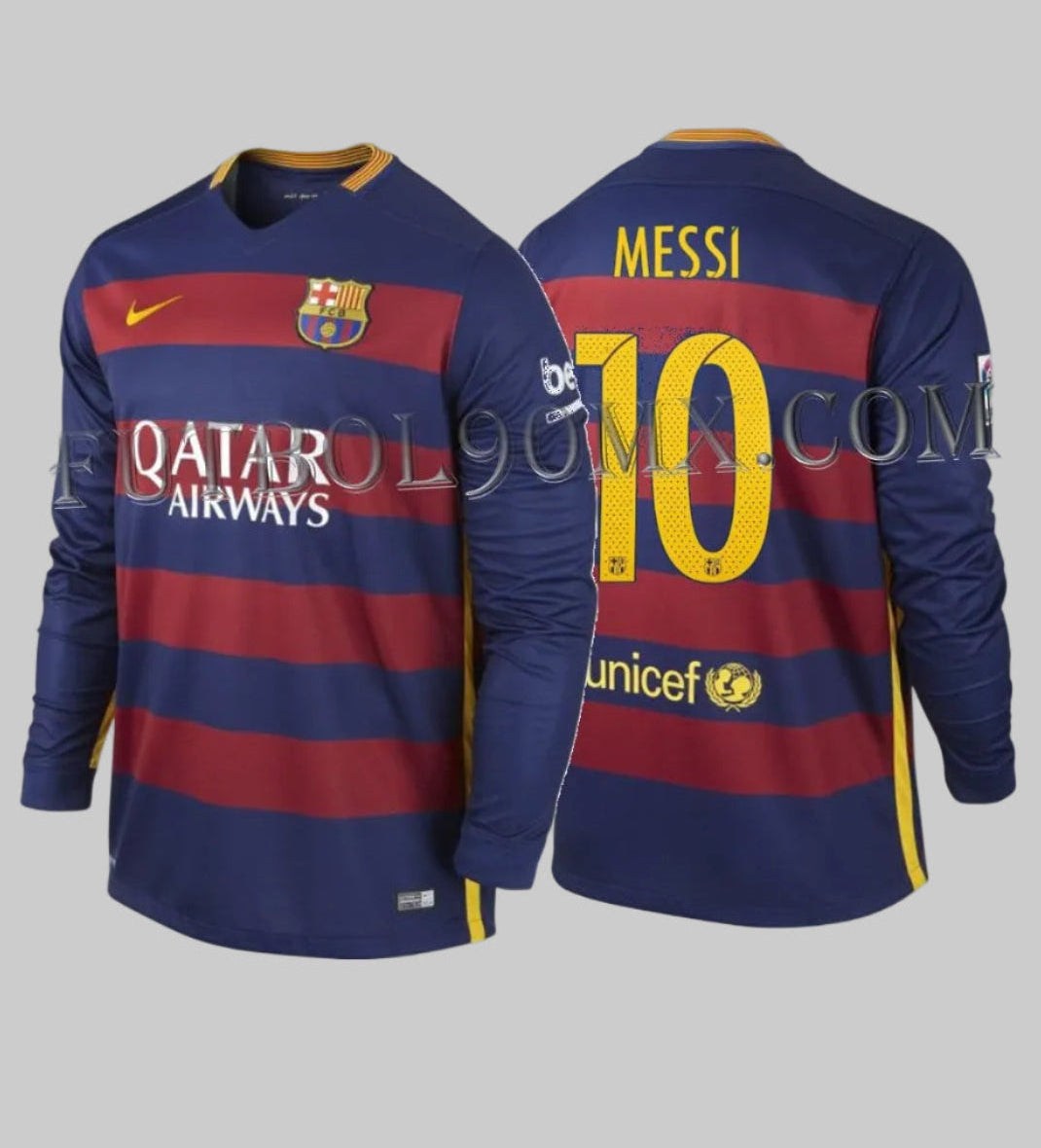 Vista frontal y posterior del jersey Nike de local de manga larga del FC Barcelona 2015/16 con la personalización oficial de Lionel Messi #10, codigo 658791-422, patrocinadores y la marca de agua de Futbol90MX.