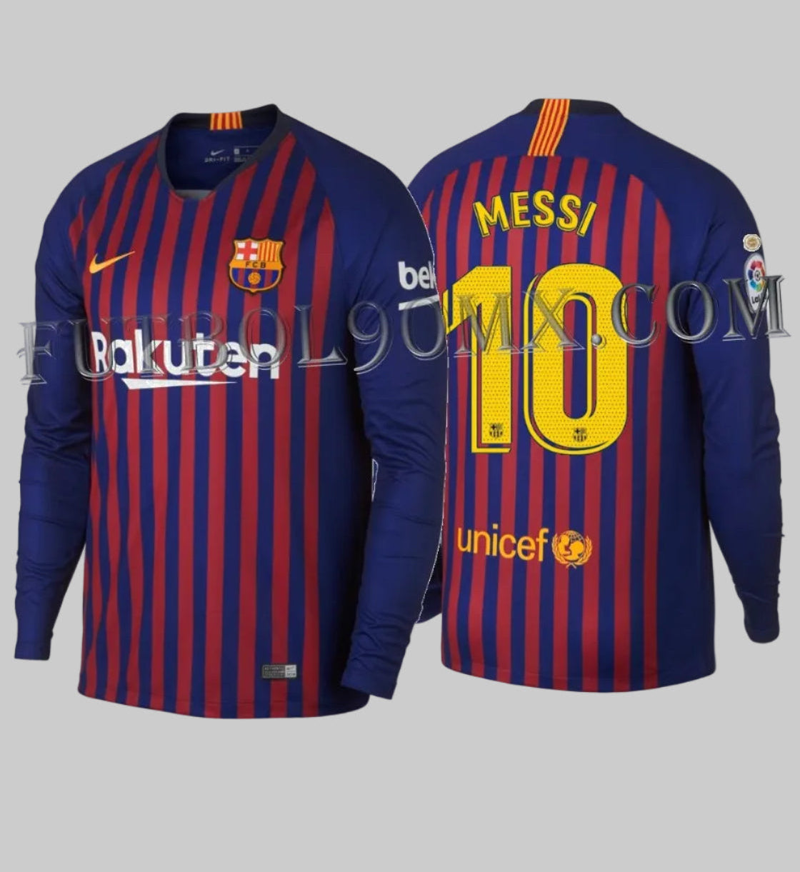 Jersey FC Barcelona manga larga de local con dorsal oficial Messi 10 en tipografía amarilla La Liga 2018-19 Nike 919061-456