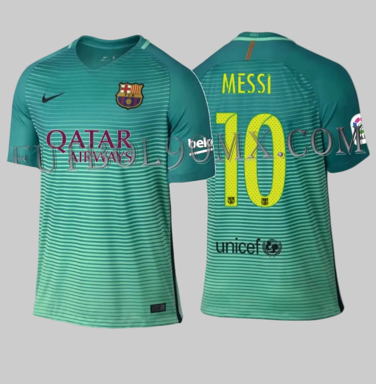 Dorsal oficial número 10 de Messi en tipografía volt de la temporada 2016/17 sobre el jersey alternativo del FC Barcelona 776854-388, Grado de Archivo 10/10.