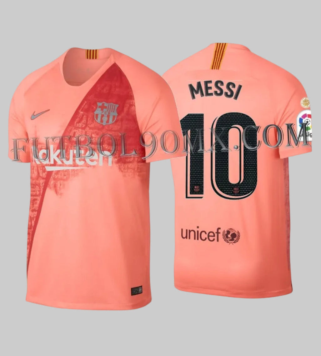 Vista combinada frontal y posterior con personalización oficial MESSI 10 de la camiseta Nike FC Barcelona Tercera 2018/19 (Ref. 918989-694) disponible en Futbol90MX