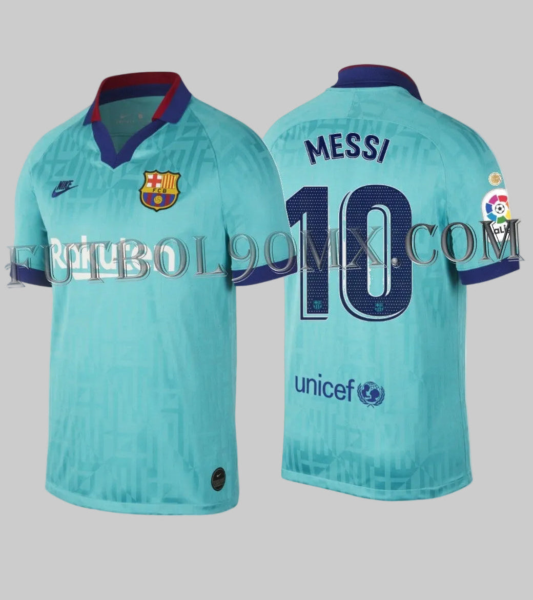 Vista frontal y posterior de la camiseta Nike Lionel Messi FC Barcelona Tercera 2019/20 (Ref. AT0029-310) disponible en Futbol90MX.