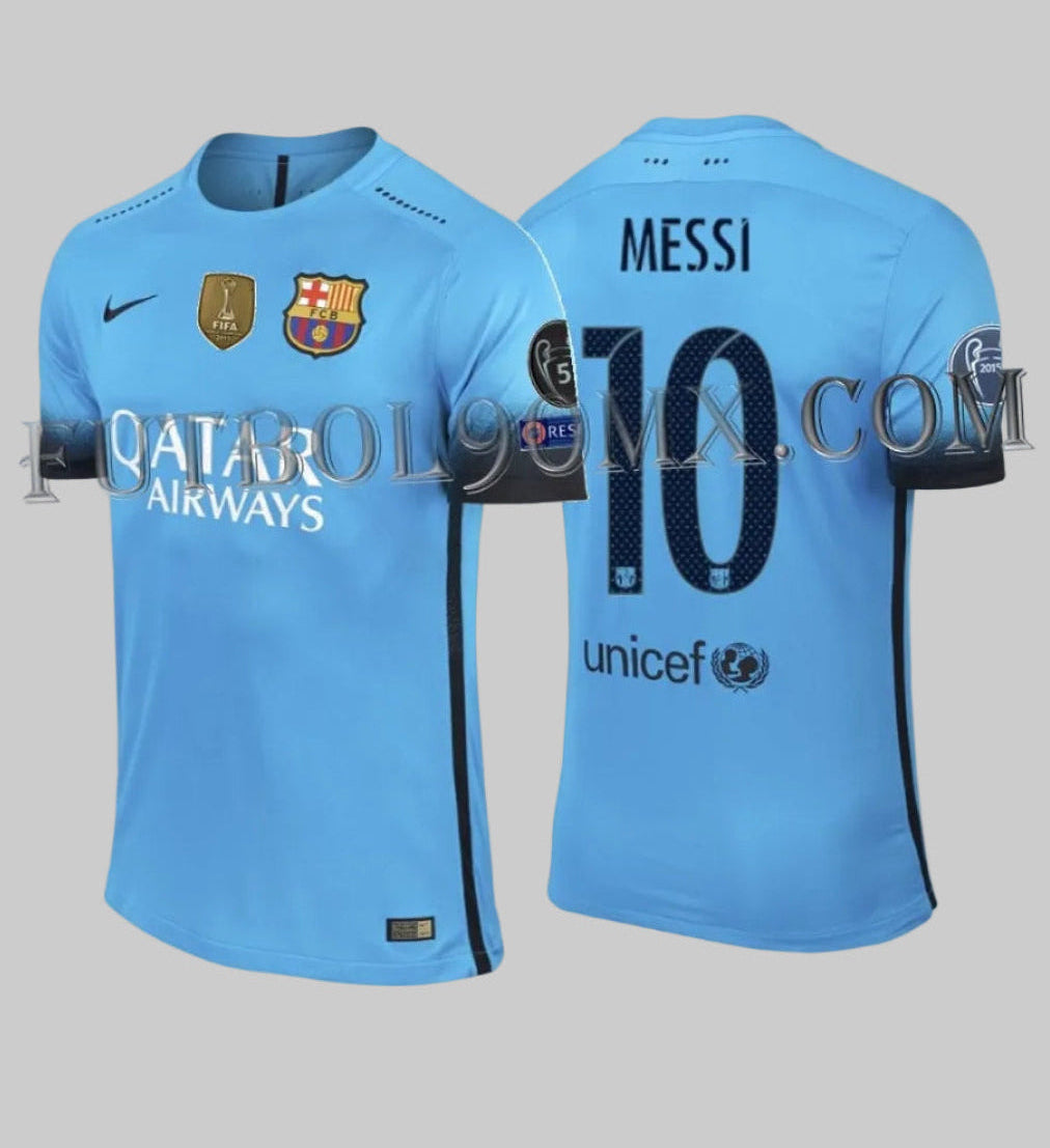 Vista frontal y trasera en estudio del Nike Lionel Messi FC Barcelona Authentic Match Third Jersey UEFA Champions League 2015/16 con patrocinador Qatar Airways, parches de competiciones y personalización de NEYMAR JR #11 (Código: 658787-426) en Historical Archive Boutique Futbol90MX.