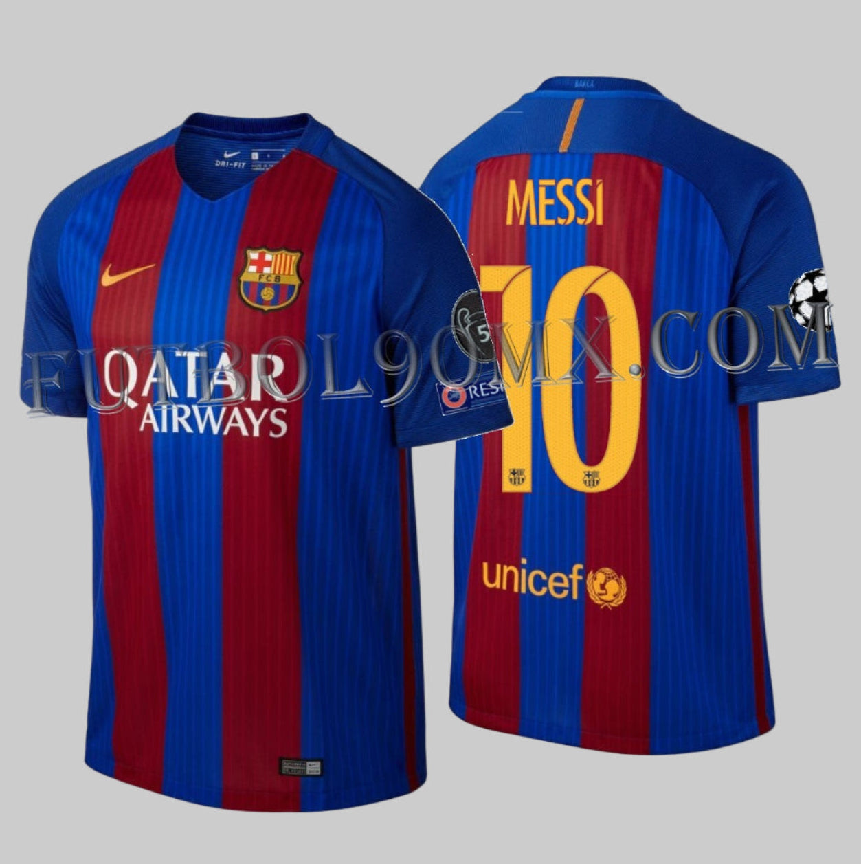 Jersey de local Nike FC Barcelona 2016-17 Messi 10 con parches de Champions League.