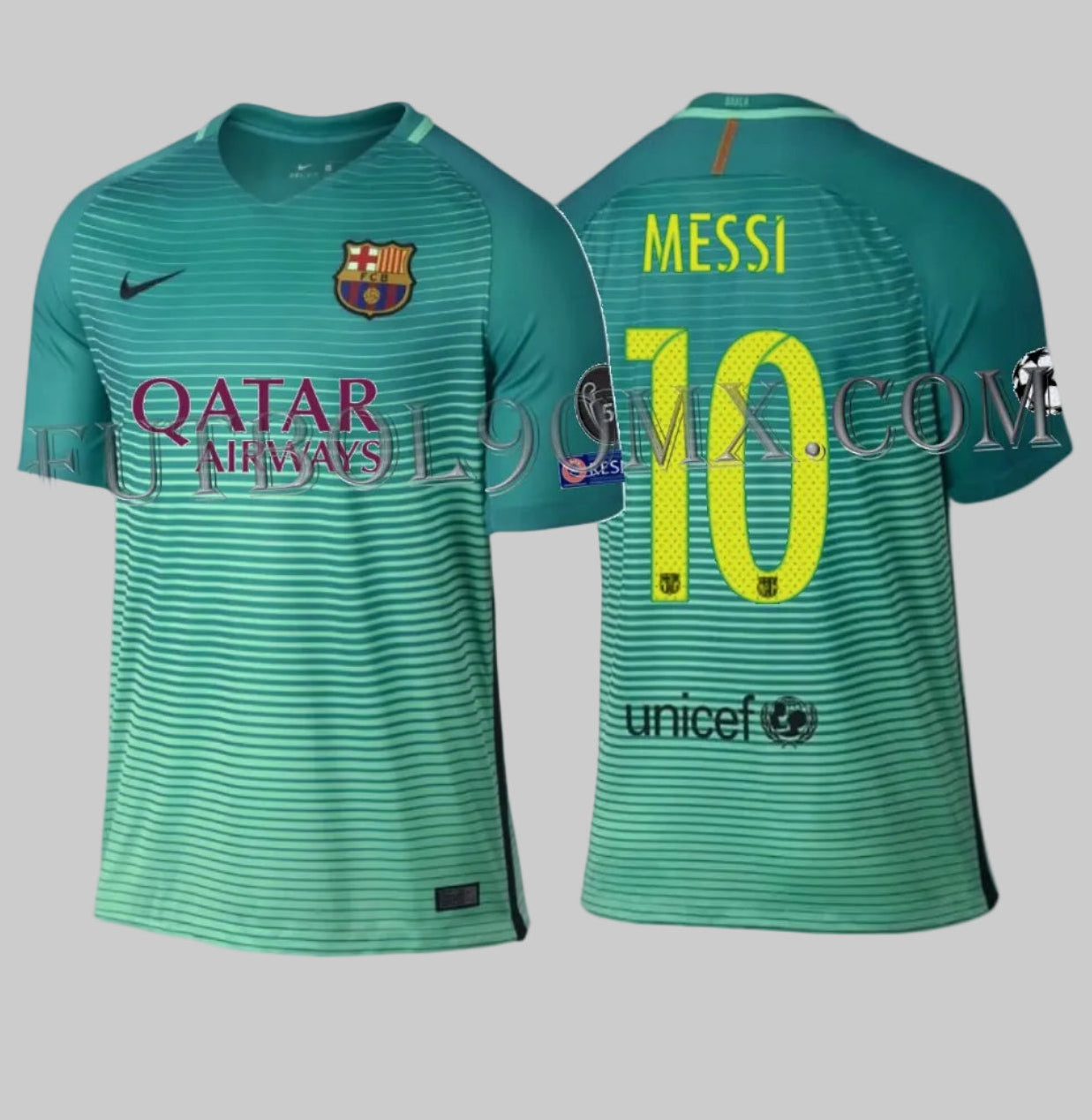Jersey UEFA Champions League tercero con dorsal oficial 'MESSI 10' en tipografía con simulado micro-perforado pintado de la temporada 2016/17 sobre el diseño Energy turquesa, Grado de Archivo 10/10 776854-388