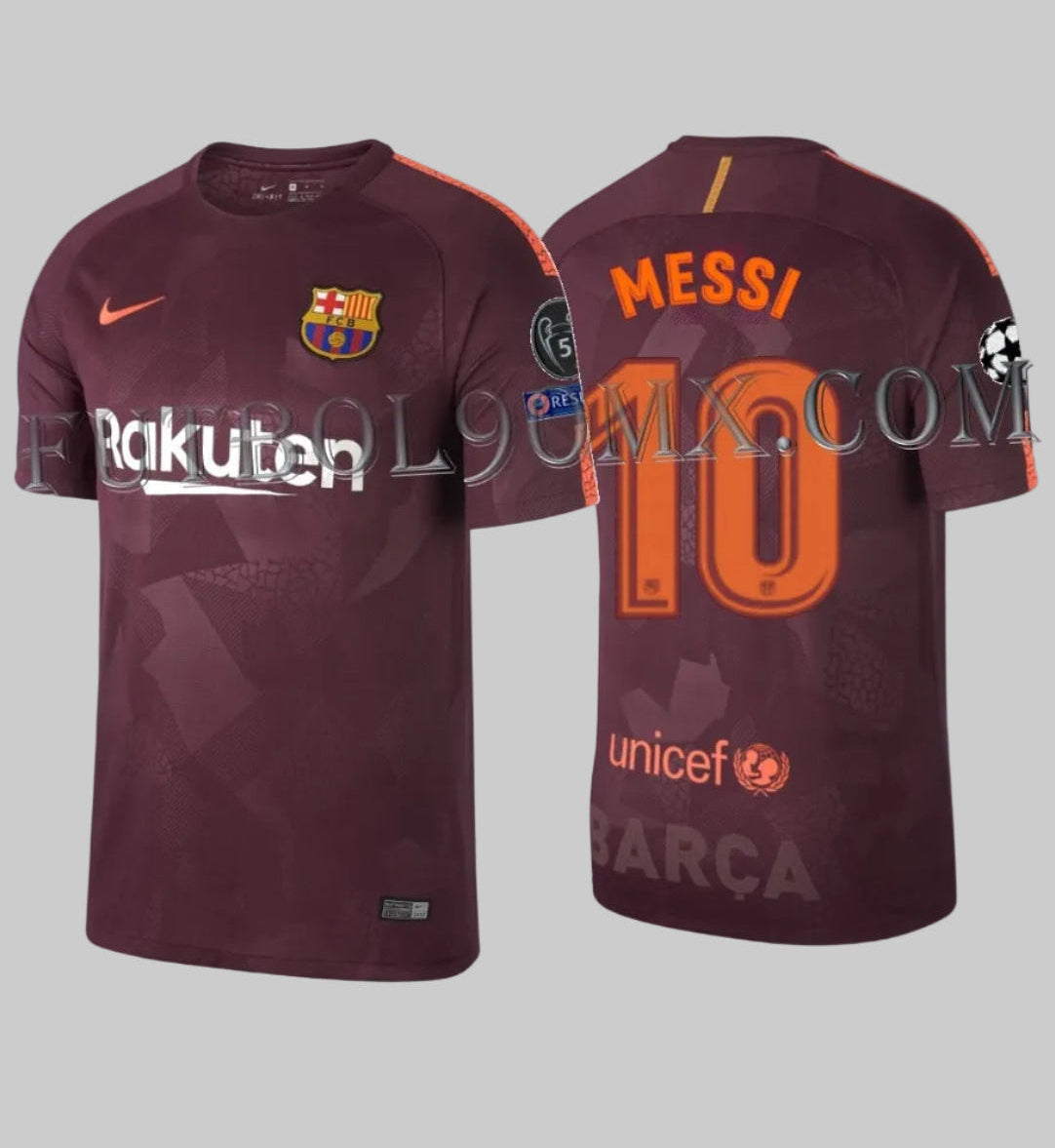 Vista completa de estudio frontal y trasera del Nike Lionel Messi FC Barcelona UEFA Champions League Third Jersey 2017/18 con la personalización oficial L. MESSI #10 (Código: 847253-683) en la Historical Archive Boutique Futbol90MX.