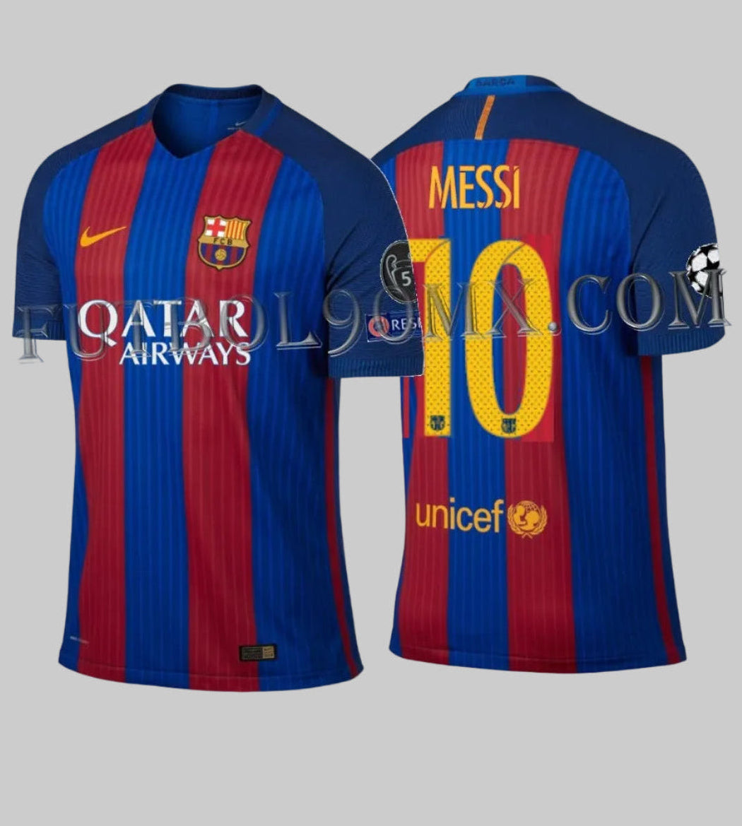Vista general frontal y posterior del jersey Nike Lionel Messi FC Barcelona Vapor Match Player Issue de Local UEFA Champions League 2016/17 (776849-480) disponible en Futbol90MX