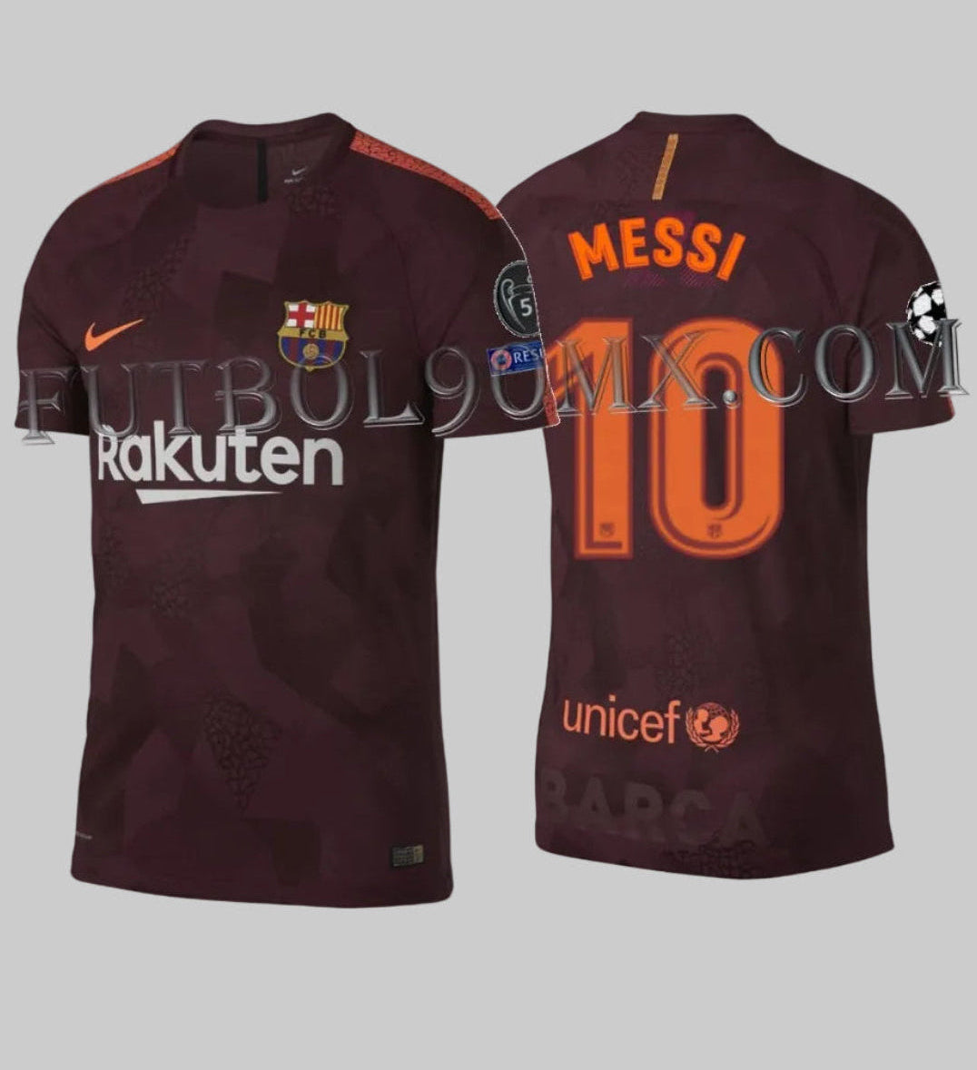 Vista frontal y trasera del Nike Lionel Messi FC Barcelona UEFA Champions League Vapor Match Third Jersey 2017/18 con dorsal #10, parches oficiales de la UCL y tecnología AeroSwift (Código: 847188-683) en Futbol90MX.