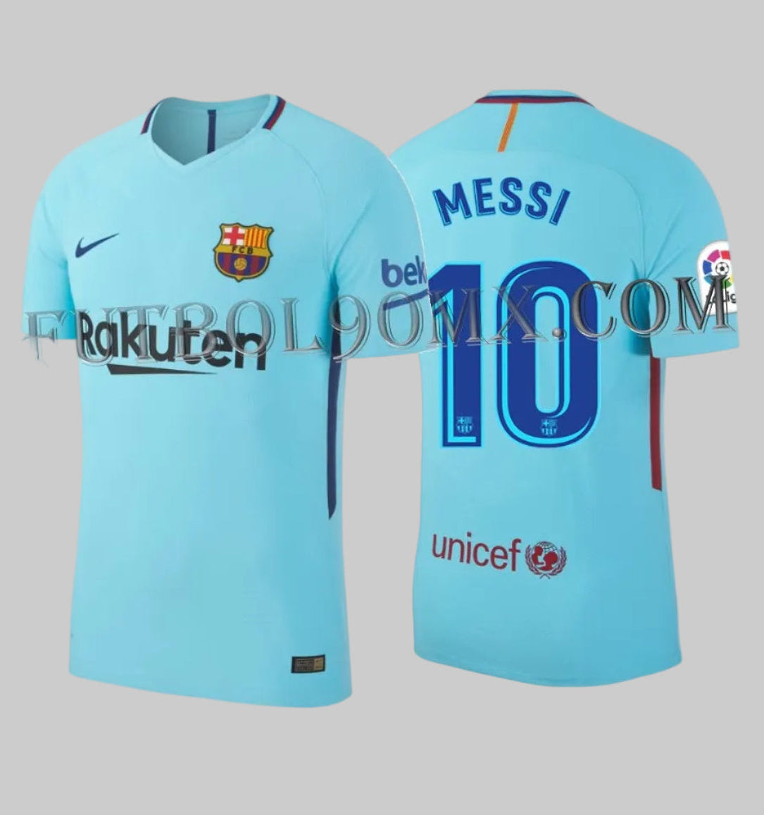 Vista dual del jersey Vapor Match de Messi número 10, edición de visita FC Barcelona 2017/18, con detalles en azul oscuro, codigo 847189-484, disponible en Futbol90MX