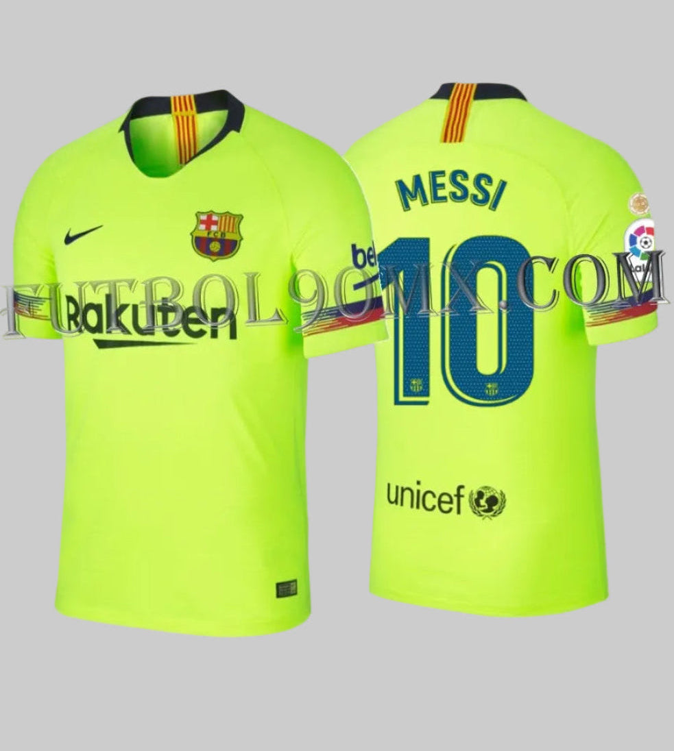 Nike Lionel Messi FC Barcelona Authentic Vapor Match Away Jersey 2018/19 en color amarillo volt (Ref. 918912-702), mostrando la vista frontal y dorsal con el número 10 en la Historical Archive Boutique de Futbol90MX.