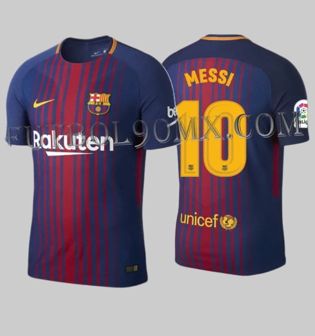 Vista dual del jersey Nike Vapor Match oficial de Messi número 10, edición de local FC Barcelona 2017/18, con tipografía técnica, codigo 847190-456, en Futbol90MX
