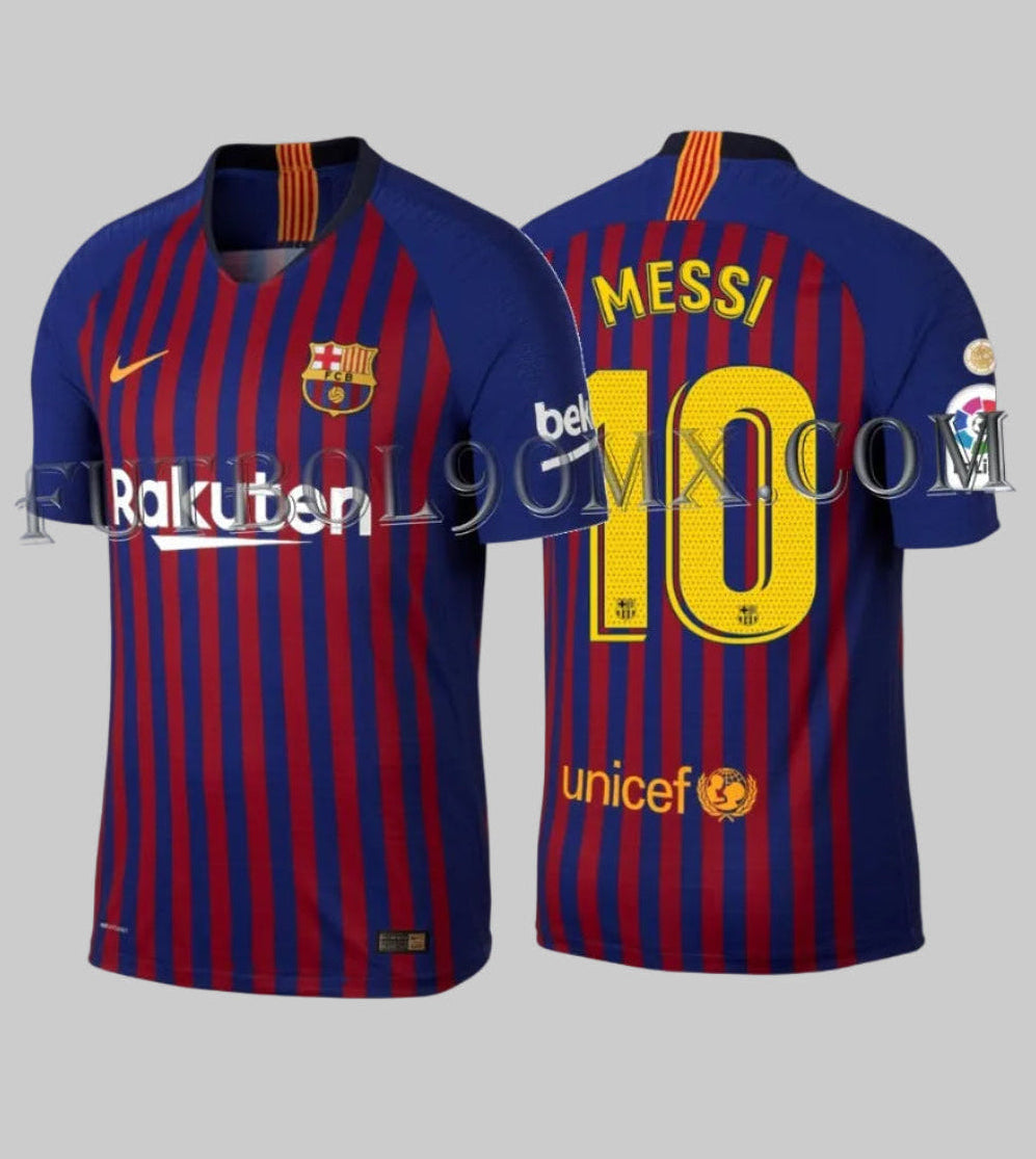 Nike Lionel Messi FC Barcelona Authentic Vapor Match Home Jersey 2018/19, codigo 894417-456, con las 10 franjas de los distritos de Barcelona, mostrando la vista frontal y dorsal con el número 10 en la Historical Archive Boutique de Futbol90MX