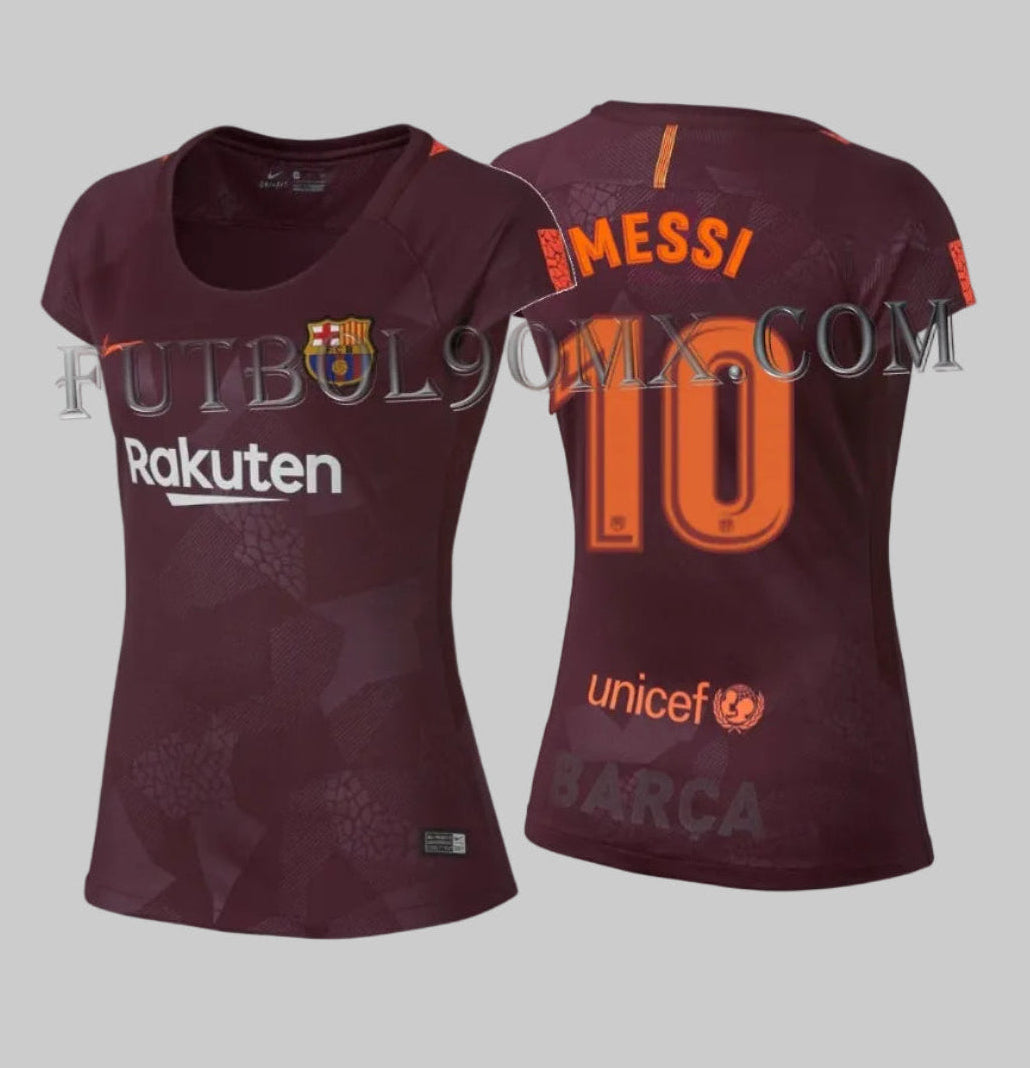 Vista frontal y trasera del jersey Nike femenino del FC Barcelona 2017/18, mostrando el nombre "MESSI" y el número "10" en color naranja sobre la base granate, con patrocinadores originales, codigo 847224-683, disponible en Futbol90MX