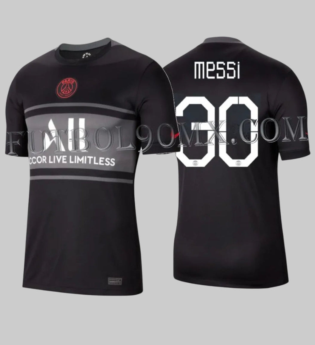 Jersey Nike PSG Third 2021/22, versión personalizada con nombre "MESSI" y dorsal "30", exhibiendo el diseño minimalista en negro y la tipografía oficial del jugador, codigo DB5900-011, disponible en Futbol90MX